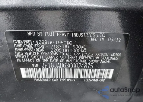 2012 Subaru Impreza 2.0I Premium z USA, uszkodzony, nr VIN JF1GJAD63CG024875